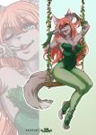  anthro avablanched breasts canid canine cleavage clothed clothing feet female flower fox fur green_clothing green_eyes grey_body grey_fur hair hi_res leaf legwear mallow_(reddest16) mammal orange_hair paws plant red_fox solo swing tights two_tone_tail 