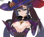  black_hair breasts cropped firstw1 genshin_impact gloves green_eyes hat leotard long_hair mona_(genshin_impact) nipples signed twintails white witch_hat 