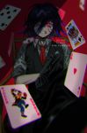  1boy adjusting_clothes adjusting_gloves bangs black_gloves black_hair black_pants black_vest card chair clenched_teeth collared_shirt danganronpa gloves gradient_hair grey_shirt hair_between_eyes highres joh_pierrot joker_card male_focus multicolored_hair necktie new_danganronpa_v3 ouma_kokichi pants purple_hair red_background red_eyes red_neckwear shirt simple_background sitting sleeves_rolled_up solo teeth vest watermark 