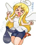  &gt;o&lt; 1other angel_wings black_shorts blonde_hair blush breasts broken_halo closed_eyes commentary_request crimvael dress ejaculation_under_clothes erection erection_under_clothes floating flying_sweatdrops full-face_blush futanari halo ishuzoku_reviewers large_penis long_hair open_mouth penis penis_under_clothes rariatto_(ganguri) sandals shorts simple_background small_breasts solo translation_request white_background white_dress wings 