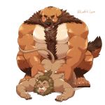  1:1 2020 absurd_res anal anthro belly blush brown_body brown_fur canid canine canis domestic_dog duo felid fur hi_res humanoid_hands jumperbear kemono lion male male/male mammal overweight overweight_male pantherine sex simple_background white_background 