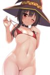  1girl bangs bare_arms bare_shoulders bikini black_collar blush bottomless closed_mouth collar collarbone commentary_request cowboy_shot flat_chest hands_up hat highres hormone_koijirou kono_subarashii_sekai_ni_shukufuku_wo! looking_at_viewer megumin micro_bikini navel one_eye_closed pussy red_bikini red_eyes short_hair short_hair_with_long_locks simple_background smile solo stomach strap_pull swimsuit white_background witch_hat 