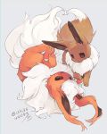  commentary_request eevee flareon fluffy full_body gen_1_pokemon grey_background hideko_(l33l3b) highres no_humans pokemon pokemon_(creature) signature simple_background twitter_username 