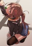  1girl ass black_legwear brown_eyes brown_hair candy denim denim_skirt food fu-ta hair_ornament hairclip highres hood hoodie lollipop looking_at_viewer original panties panty_peek ponytail skirt sleeves_past_wrists solo squatting thighhighs underwear usami_taiga 