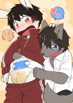  anthro blush bodily_fluids canid canine canis clothed clothing diaper domestic_dog duo fur genital_fluids hair hi_res lagomorph leporid male male/male mammal rabbit satsuki_rabbit simple_background smile urine wet_diaper wetting 
