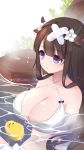  1girl afloat animal_ears artist_name azur_lane bandaid bandaid_on_head bangs bare_shoulders bikini blunt_bangs blush breasts brown_hair chinese_commentary choker cleavage closed_mouth collarbone commentary_request cow_ears cow_horns criss-cross_halter crossed_bandaids dated diffraction_spikes eyebrows_visible_through_hair flower hair_between_eyes hair_flower hair_ornament halterneck heart heart_in_eye highres horns huge_breasts kashino_(after-bath_pleasure)_(azur_lane) kashino_(azur_lane) large_breasts long_hair manjuu_(azur_lane) midriff multi-strapped_bikini navel onsen partially_submerged plant purple_eyes rock sidelocks signature sitting solo_focus steam swimsuit symbol_in_eye upper_body water white_bikini white_choker white_flower xiao_shi_lullaby 