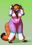  2020 4_toes 5_fingers ailurid anthro black_nose blue_eyes breasts clothed clothing digital_media_(artwork) female fingers furball_(artist) green_background hair mammal orange_hair red_panda simple_background smile standing toes 