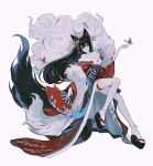  1girl ahri_(league_of_legends) animal_ears bangs bare_shoulders black_hair breasts bug butterfly cleavage fox_ears fox_girl fox_tail hand_fan hand_up holding holding_fan japanese_clothes kimono knee_up league_of_legends long_hair off_shoulder paper_fan red_butterfly red_kimono shan_gui_yu_yao simple_background solo tabi tail white_background 