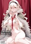 1girl areola_slip areolae bangs black_hairband breasts coat corrin_(fire_emblem) corrin_(fire_emblem)_(female) cover cover_page doujin_cover fire_emblem fire_emblem_fates fur_trim hair_censor hairband hands_up large_breasts light_smile long_hair looking_at_viewer misu_kasumi naked_coat navel platinum_blonde_hair pointy_ears red_eyes sitting solo yokozuwari 