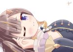  1girl anya_melfissa anya_melfissa_(1st_costume) ayumi_aika blush breasts brown_hair detached_sleeves hair_between_eyes hair_ornament highres hololive hololive_indonesia looking_at_viewer looking_to_the_side lying one_eye_closed portrait simple_background smile solo virtual_youtuber white_background 