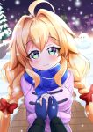  1girl absurdres ahoge azur_lane blonde_hair braid fj_hatsu green_eyes hands_together highres holding_hands le_temeraire_(azur_lane) light_particles looking_at_viewer night night_sky pine_tree pov scarf sky smile snow snowing tree twintails 