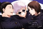  1girl 2boys arm_around_shoulder bangs black_eyes black_hair black_jacket blue_background brown_hair cigarette dated eyelashes facing_viewer gakuran getou_suguru gojou_satoru grin hair_between_eyes hair_bun hair_pulled_back happy_birthday highres ieiri_shoko jacket jujutsu_kaisen looking_at_another mouth_hold multiple_boys nazutaro open_mouth parted_bangs profile round_eyewear school_uniform short_hair signature simple_background smile sunglasses two-tone_background upper_body white_background white_hair 