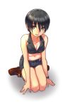  1girl black_hair blue_eyes breasts cleavage commentary crop_top downblouse fujisawa_takashi highres midriff navel original short_hair short_shorts shorts sitting solo tan tanline tomboy wariza white_background 