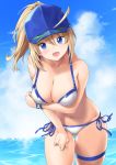  1girl ahoge artoria_pendragon_(all) bangs bare_shoulders baseball_cap bikini blonde_hair blue_eyes blue_headwear blue_sky blush breasts cleavage collarbone fate/grand_order fate_(series) hair_between_eyes hair_through_headwear hat mysterious_heroine_xx_(foreigner) ocean open_mouth ponytail side-tie_bikini sky swimsuit thigh_strap thighs tyone wading white_bikini 