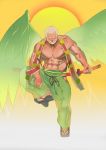  1boy abs bara beard closed_eyes clothing_cutout facial_hair facing_away facing_down feathered_wings green_pants green_wings hogen_(tokyo_houkago_summoners) holding holding_sword holding_weapon horns leg_up lovesheng1314 male_focus muscle navel nipples old_man oni_horns pants pectorals sandals sheath sheathed shirtless short_hair single_horn solo spread_wings sun sword thick_thighs thigh_cutout thighs tokyo_houkago_summoners veins weapon white_hair wings 