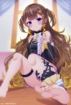  1girl absurdres anya_melfissa anya_melfissa_(1st_costume) artist_name barefoot blurry blurry_background blush brown_hair detached_sleeves feet hair_ornament highres hololive hololive_indonesia long_hair looking_at_viewer noa_shirayuki_(shirayuki018) purple_eyes sitting thighs toes virtual_youtuber window 