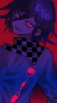  1boy bangs checkered checkered_neckwear checkered_scarf danganronpa eyes from_behind hair_between_eyes head_tilt highres joh_pierrot long_sleeves male_focus new_danganronpa_v3 open_mouth ouma_kokichi pink_eyes purple_hair red_background scarf signature simple_background solo straitjacket upper_body 