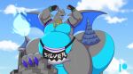  anthro blue_fire bottomwear castle charizard clothing colored_fire dragon fire flexing loincloth macro male mastergodai mega_charizard mega_evolution nintendo pok&eacute;mon pok&eacute;mon_(species) solo victory victory_pose video_games 