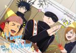  &gt;_&lt; 1girl 3boys :d :q bangs birthday_cake black_eyes black_hair black_jacket blindfold brown_hair cake closed_mouth covered_eyes dated facial_mark facing_viewer food fork fushiguro_megumi gakuran gojou_satoru hair_between_eyes hands_together hands_up happy_birthday hat heart high_collar highres holding hood hood_down hoodie itadori_yuuji jacket jujutsu_kaisen kingkazutaro8 kugisaki_nobara long_sleeves looking_at_another multiple_boys open_mouth parted_bangs party_hat party_popper red_hoodie sash school_uniform short_hair smile spiked_hair table teacher_and_student tongue tongue_out undercut upper_body upper_teeth white_hair 