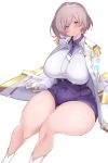  1girl absurdres aqua_eyes blush breasts brown_hair gloves highres hyuuman large_breasts looking_at_viewer mini_necktie mujina purple_shorts shiny shiny_hair shiny_skin short_hair shorts simple_background solo ssss.dynazenon ssss.gridman thick_thighs thighs white_background white_gloves 