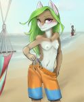  anthro baggy_clothing beach blush brown_body brown_fur clothed clothing crossdressing crossdressing_female domestic_cat embarrassed embarrassed_nude_exposure embarrassed_nude_female exhibitionism felid feline felis female fur green_hair green_nipples hair hammock hi_res kiwi_(disambiguation) kiwi_cutie male_swimwear male_swimwear_challenge mammal nipples public_nudity sea seaside solo swimming_trunks swimwear water 