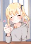  1girl ^_^ bangs black_scrunchie blonde_hair blurry blurry_background blurry_foreground blush closed_eyes closed_mouth depth_of_field eyebrows_visible_through_hair facing_viewer food grey_shirt hair_between_eyes hair_ornament hair_scrunchie heart highres holding holding_spoon incoming_food long_hair long_sleeves one_side_up original scrunchie shirt smile solo spoon suzu_(minagi) upper_body 
