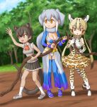 3girls :d animal_print ascot bangs bare_arms bare_legs bare_shoulders bikini black_hair blonde_hair boots bow bowtie breasts brown_hair cleavage closed_mouth commentary_request day detached_sleeves dutch_angle elbow_gloves elephant_ears extra_ears eyebrows_visible_through_hair fossa_(kemono_friends) fossa_ears fossa_tail frilled_sleeves frills full_body gloves grey_hair height_difference high-waist_skirt holding indian_elephant_(kemono_friends) kemono_friends kneehighs long_hair long_sleeves looking_at_object looking_down looking_to_the_side medium_skirt miniskirt multiple_girls multiple_views ocelot_(kemono_friends) ocelot_ears ocelot_print ocelot_tail open_mouth orange_hair outdoors pleated_skirt print_gloves print_legwear print_neckwear print_skirt sandals scarf shirt shoes short_hair shun05q sidelocks skirt sleeveless sleeveless_shirt smile socks standing swimsuit tan thighhighs twintails very_long_hair white_hair zettai_ryouiki 