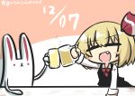  1girl :x absurdres artist_self-insert beer_mug black_vest blonde_hair blush_stickers bunny chibi commentary_request cup dated eyebrows_visible_through_hair fang goma_(gomasamune) hair_ribbon highres long_sleeves mug necktie open_mouth ribbon rumia short_hair smile toast_(gesture) touhou twitter_username vest 