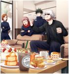  1girl 3boys :d :q ^_^ bangs black_eyes black_hair black_jacket black_pants black_shirt black_skirt brown_hair cake cake_slice chair closed_eyes closed_mouth couch cowboy_shot cream_puff crossed_arms cup dated drinking_straw facial_mark food fushiguro_megumi gakuran gojou_satoru hair_between_eyes happy_birthday high_collar highres holding holding_cup hood hood_down hoodie ice_cream indoors itadori_yuuji jacket jujutsu_kaisen kugisaki_nobara leaning_forward leaning_on_object long_sleeves looking_at_another multiple_boys open_mouth pants parfait parted_bangs pink_hair plate pudding red_hoodie school_uniform shirt short_hair sitting skirt smile spiked_hair standing sunglasses sweatdrop sweets table tongue tongue_out undercut white_hair yo_korasho 