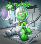 2020 after_transformation aisha_(neopets) alien ambiguous_gender antennae_(anatomy) anthro astronaut biped canid canine clothing collar costume detailed_background digital_drawing_(artwork) digital_media_(artwork) dipstick_ears felid fur glistening green_body green_fur green_nose green_pawpads hi_res hindpaw hypnosis jumpstart_games latex_transformation mammal markings mind_control multicolored_ears neopet_(species) neopets open_mouth pawpads paws red_collar redflare500 rubber sharp_teeth smile solo space spiral_eyes teeth toony transformation video_games white_body white_fur window 