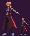  1boy arm_tattoo bare_shoulders coat dh_ead dies_irae dies_irae_~interview_with_kaziklu_bey~ gun handgun holding holding_gun holding_weapon male_focus open_clothes open_coat open_mouth orange_hair pistol pixel_art purple_background red_coat shinza_bansho_series simple_background smile solo standing tattoo weapon white_footwear 