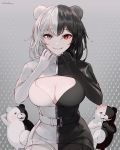  1boy 1girl animal_ears artist_name bangs bear_ears belt black_belt black_eyes black_hair blush bodysuit breasts chowbie cleavage cleavage_cutout clothing_cutout commentary_request danganronpa danganronpa_1 hands_up heterochromia highres large_breasts long_sleeves looking_at_viewer monokuma multicolored_hair navel polka_dot polka_dot_background red_eyes short_hair smile stuffed_animal stuffed_toy sweat teddy_bear two-tone two-tone_hair white_belt white_hair zipper zipper_pull_tab 