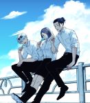  1girl 2boys and_re belt black_belt black_eyes black_footwear black_hair black_legwear black_pants black_skirt blue_eyes cloud collared_shirt day ear_piercing eyewear_on_head food full_body getou_suguru gojou_satoru hair_bun hair_pulled_back hand_up holding holding_food ieiri_shoko jujutsu_kaisen kneehighs leaning_on_rail looking_at_another multiple_boys open_mouth outdoors pants piercing popsicle popsicle_stick railing round_eyewear school_uniform shirt shoes short_hair sitting skirt sky sleeves_rolled_up sunglasses twitter_username white_hair white_shirt 