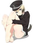  1girl ass barefoot blonde_hair blue_eyes blush closed_mouth dog_tail erica_hartmann hat looking_at_viewer military military_hat military_uniform nanashino panties shiny shiny_hair shiny_skin short_hair simple_background sitting smile solo strike_witches tail underwear uniform white_background white_panties world_witches_series 