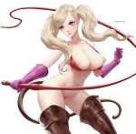  1girl artist_name azto_dio bikini bikini_top blonde_hair blue_eyes bottomless breasts brown_legwear collarbone gloves hair_ornament hairclip highres holding holding_whip large_breasts long_hair navel nipples patreon_username persona persona_5 purple_gloves red_bikini simple_background solo swimsuit takamaki_anne thighhighs twintails whip white_background 