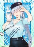  1girl ak-12_(girls_frontline) alcohol beret boca bottle breasts facing_viewer girls_frontline hat highres jewelry large_breasts long_hair name_tag necklace open_mouth silver_hair smile solo teeth vodka 