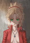  1girl absurdres artist_name bangs blonde_hair braid breasts cigarette collarbone commentary_request drid fate/apocrypha fate_(series) green_eyes hair_ornament hair_scrunchie highres jacket jewelry long_hair long_sleeves looking_at_viewer mordred_(fate) mordred_(fate)_(all) mouth_hold necklace no_bra open_clothes open_jacket ponytail red_jacket red_scrunchie scrunchie shaded_face small_breasts smile smoking solo upper_body 