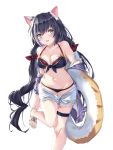  1girl animal_ear_fluff animal_ears ass_visible_through_thighs bangs bare_legs bare_shoulders bikini black_bikini black_hair black_ribbon blush bow breasts cat_ears cat_girl cat_tail cleavage collarbone duan_zou_de_zhong_zhang eyebrows_visible_through_hair front-tie_bikini front-tie_top green_eyes hair_between_eyes hair_bow highres innertube jacket karyl_(princess_connect!) leg_up long_hair long_sleeves looking_at_viewer low_twintails medium_breasts multicolored_hair off_shoulder open_clothes open_jacket open_mouth princess_connect! princess_connect!_re:dive purple_jacket red_bow ribbon sandals short_shorts shorts shorts_pull simple_background solo standing standing_on_one_leg streaked_hair swimsuit tail thigh_gap thigh_strap twintails two-tone_hair very_long_hair white_background white_footwear white_hair white_shorts 