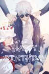  2boys 2others bad_id bad_twitter_id birthday_cake black_jacket black_pants blue_eyes blush bouquet cake candle closed_eyes collared_shirt dated eyelashes feet_out_of_frame flower food fushiguro_megumi gojou_satoru hair_between_eyes hand_on_own_leg happy_birthday highres holding holding_plate itadori_yuuji jacket jujutsu_kaisen korean_commentary kugisaki_nobara long_sleeves looking_at_viewer male_focus mt_empty08 multiple_boys multiple_others out_of_frame pants plate round_eyewear shirt short_hair simple_background sitting solo_focus sunglasses white_background white_hair white_shirt 