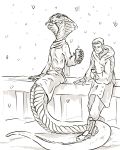  4:5 5_fingers absurd_res agent_torque agent_whisper apode belly_scales beverage black_and_white clothed clothing cup draconcopode dress duo female fingers fully_clothed hi_res holding_cup holding_object human male mammal monochrome naga outside reptile scales scalie scarf serpentine sitting snake snake_hood snow snowing stalkerios tongue tongue_out video_games viper_(x-com) x-com x-com:_chimera_squad 