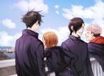  1girl 3boys ^_^ black_hair black_jacket brown_hair closed_eyes commentary_request day facial_mark facing_another facing_away fushiguro_megumi gakuran hair_over_one_eye highres hood hood_down hoodie itadori_yuuji jacket jujutsu_kaisen jujutsu_tech_uniform kugisaki_nobara long_sleeves medium_hair multiple_boys nazutaro open_mouth outdoors pink_hair profile railing red_hoodie school_uniform short_hair smile spiked_hair undercut upper_body yoshino_junpei 