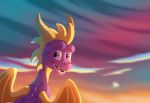  2020 activision day detailed_background digital_media_(artwork) dragon hi_res horn icelectricspyro membrane_(anatomy) membranous_wings open_mouth outside purple_body purple_eyes purple_scales scales scalie sky smile spine spyro spyro_the_dragon teeth video_games western_dragon wings 