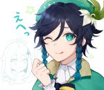 ... 1boy bangs black_hair blue_hair braid closed_mouth commentary_request flower genshin_impact gradient_hair green_eyes green_headwear hair_ornament hat long_sleeves looking_at_viewer male_focus multicolored_hair one_eye_closed otoko_no_ko paimon_(genshin_impact) short_hair smile solo_focus tongue tongue_out translation_request twin_braids venti_(genshin_impact) younomiti 