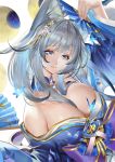  1girl animal_ear_fluff animal_ears arm_up azur_lane bangs bare_shoulders between_breasts blue_butterfly blue_eyes blue_kimono breasts bug butterfly cleavage closed_mouth detached_collar eyebrows_visible_through_hair fan fingernails folding_fan fox_ears fox_girl glint hair_between_breasts hair_ornament highres holding holding_fan insect japanese_clothes jujumaho_(nanigaxila) kimono large_breasts long_hair long_sleeves looking_at_viewer moon off-shoulder_kimono shinano_(azur_lane) shiny shiny_hair silver_hair smile solo upper_body white_background wide_sleeves 