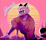  anonymous_artist anthro brown_body brown_fur clothed clothing fur hi_res looking_away male mammal outrun pink_background procyonid purple_eyes raccoon simple_background solo topwear 