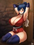  1girl armpits arms_up bdsm black_gloves black_legwear blue_hair blush bound breasts cleavage commentary covered_nipples elbow_gloves gloves highres huge_breasts jmg looking_at_viewer manyuu_chifusa manyuu_hikenchou signature solo thick_thighs thighhighs thighs yellow_eyes 