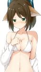  1girl animal_ears arknights bangs bare_shoulders bikini blue_ribbon breasts brown_hair collarbone commentary_request eyebrows_visible_through_hair fox_ears green_eyes hair_ribbon halterneck hand_on_own_chest hand_up highres kusunoki_(gwzx5574) long_sleeves medium_breasts navel off_shoulder open_clothes open_shirt partial_commentary perfumer_(arknights) ribbon shirt short_hair simple_background solo stomach swimsuit upper_body white_background white_bikini white_shirt 