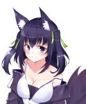  1girl animal_ear_fluff animal_ears bangs bare_shoulders breasts cat_ears cleavage commentary dreamoon green_ribbon guild_cq highres large_breasts long_hair looking_at_viewer off_shoulder purple_eyes purple_hair quon_tama ribbon simple_background solo tail two_side_up virtual_youtuber white_background 