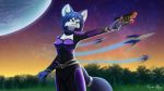  16:9 2019 aircraft anthro arwing belt blue_hair bodysuit breasts canid canine clothing danakira female fox green_eyes gun hair handgun hi_res krystal mammal nintendo palm_tree planet ranged_weapon signature skinsuit solo star_fox tailband tight_clothing tree video_games weapon widescreen 