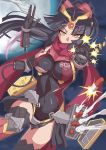  1girl beam_cannon black_hair breasts covered_navel fate/grand_order fate_(series) finger_cannon firing full_moon gun highres joints katou_danzou_(fate/grand_order) long_hair medium_breasts missile missile_pod moon ponytail robot_joints rocket_punch scarf shell_casing smoke smoking_gun v-fin weapon xiafuizui yellow_eyes 